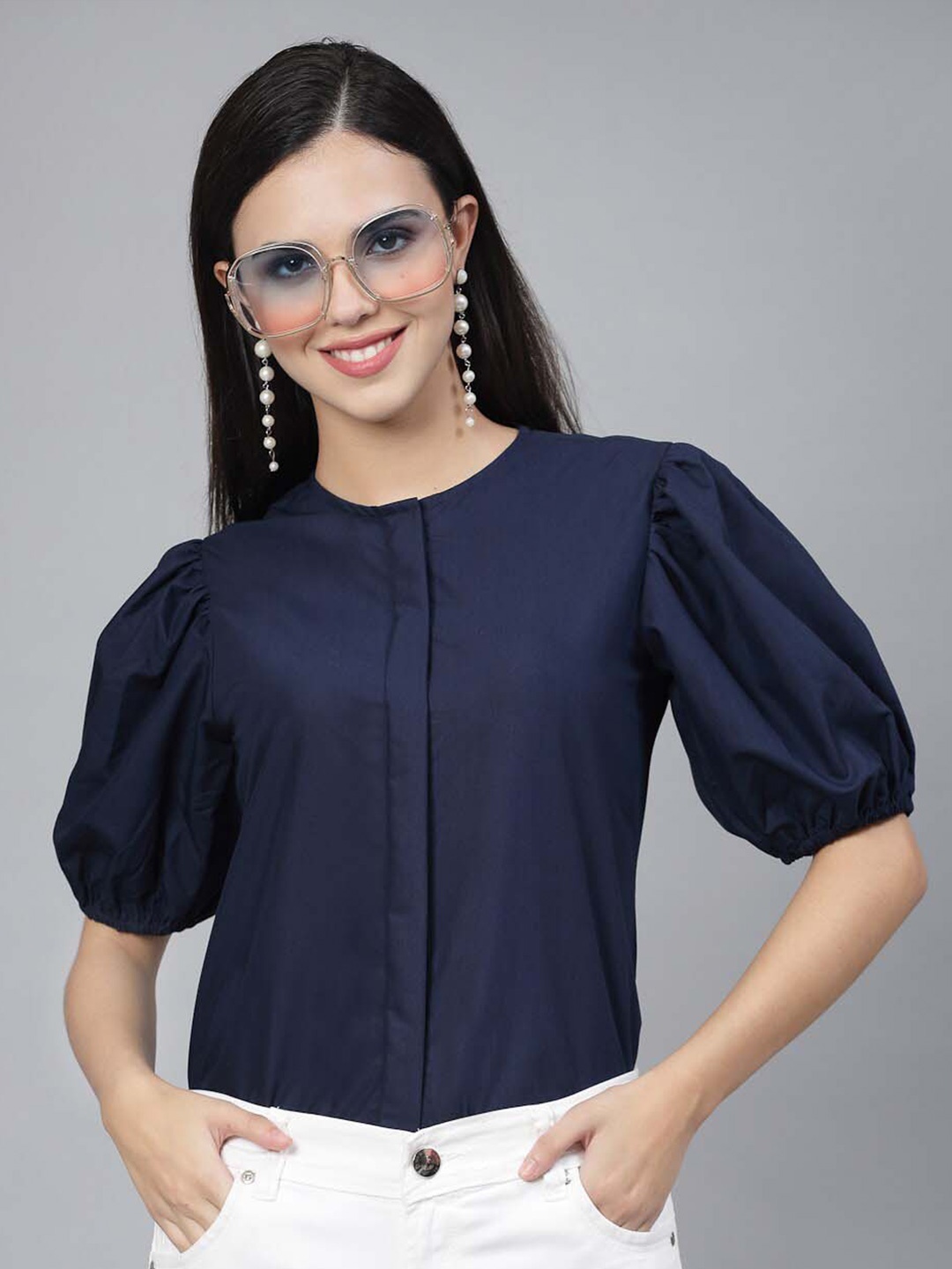 

Style Quotient Puff Sleeves Shirt Style Top, Navy blue