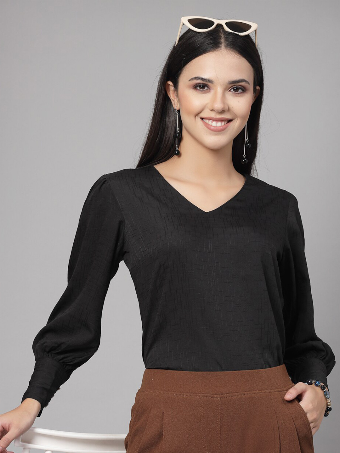 

Style Quotient Self Design Puff Sleeve V-Neck Top, Black