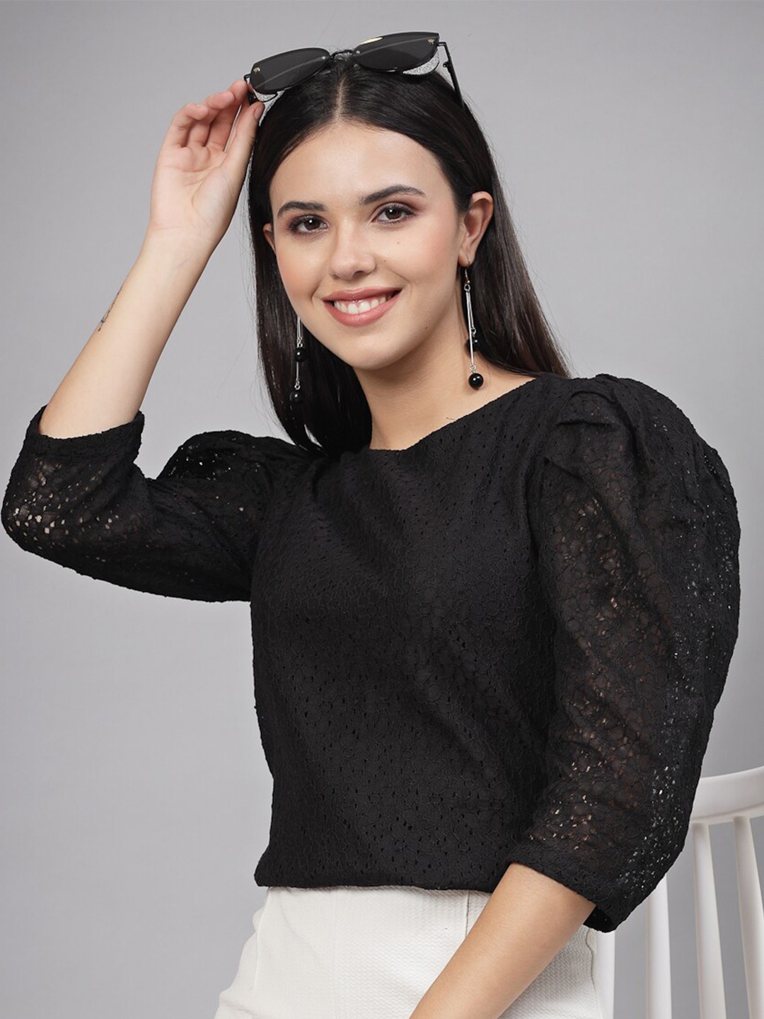 

Style Quotient Self Design Puff Sleeve Cotton Top, Black