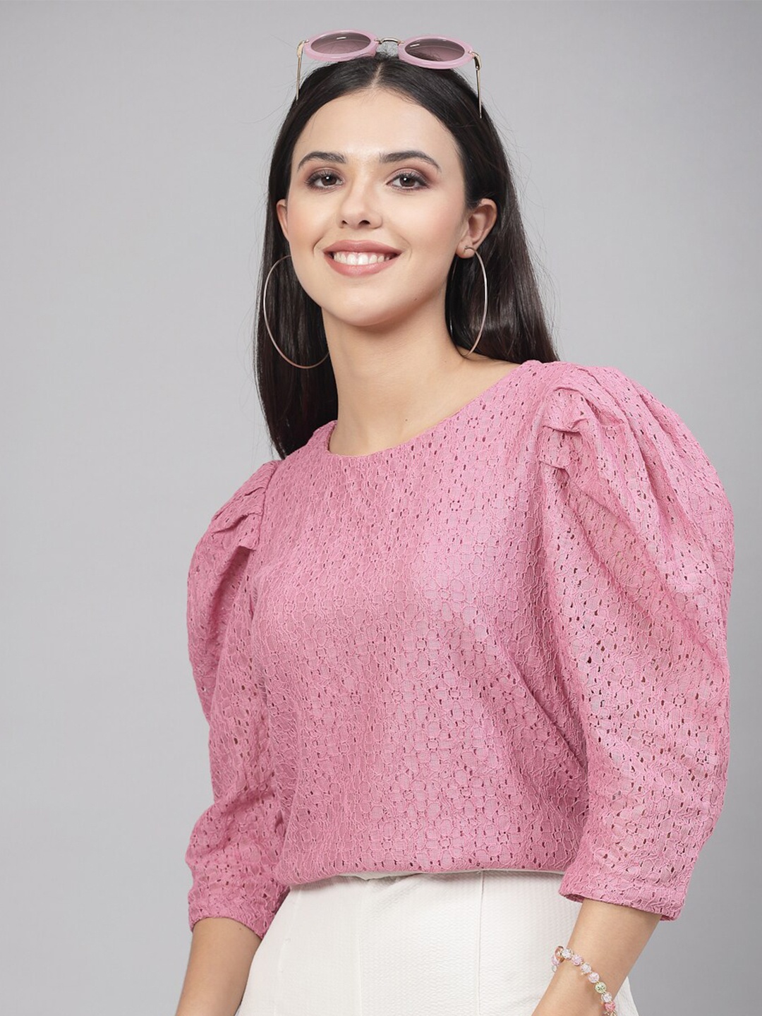 

Style Quotient Schiffli Puff Sleeve Cotton Regular Top, Pink