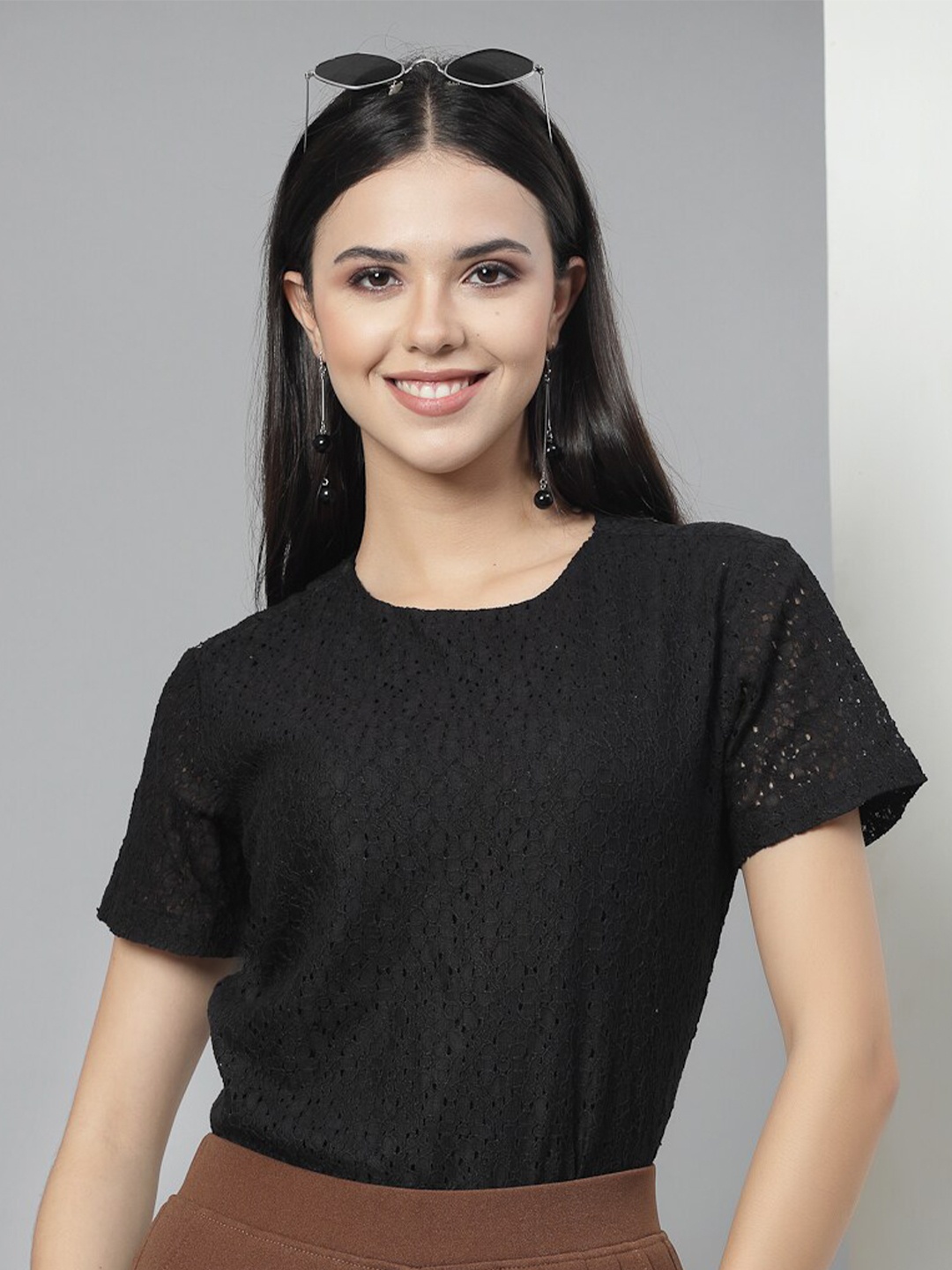 

Style Quotient Schiffli Cotton Regular Top, Black