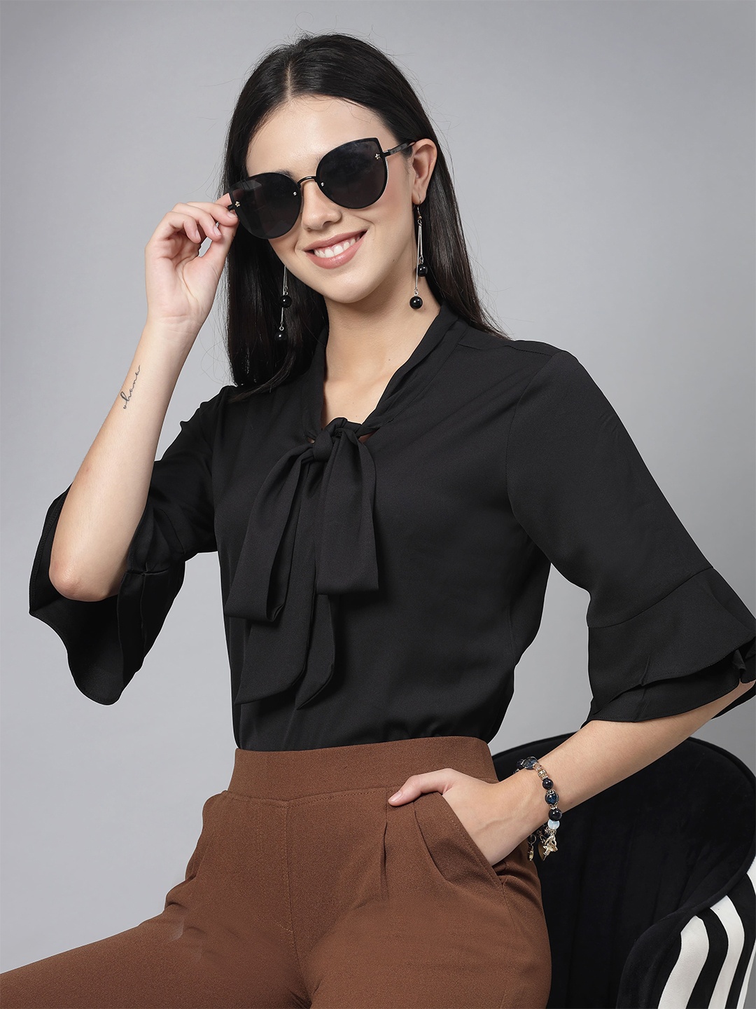 

Style Quotient Tie-Up Neck Bell Sleeve Regular Top, Black