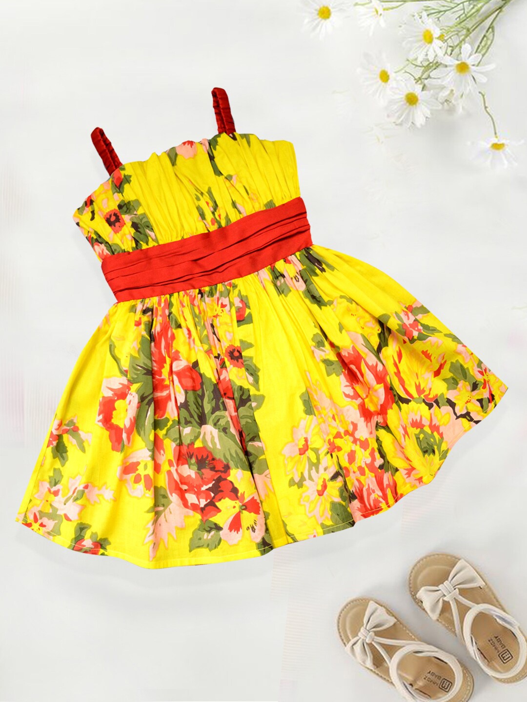 

A.T.U.N. Girls Floral Print Shoulder Straps Pure Cotton Fit & Flare Dress, Yellow