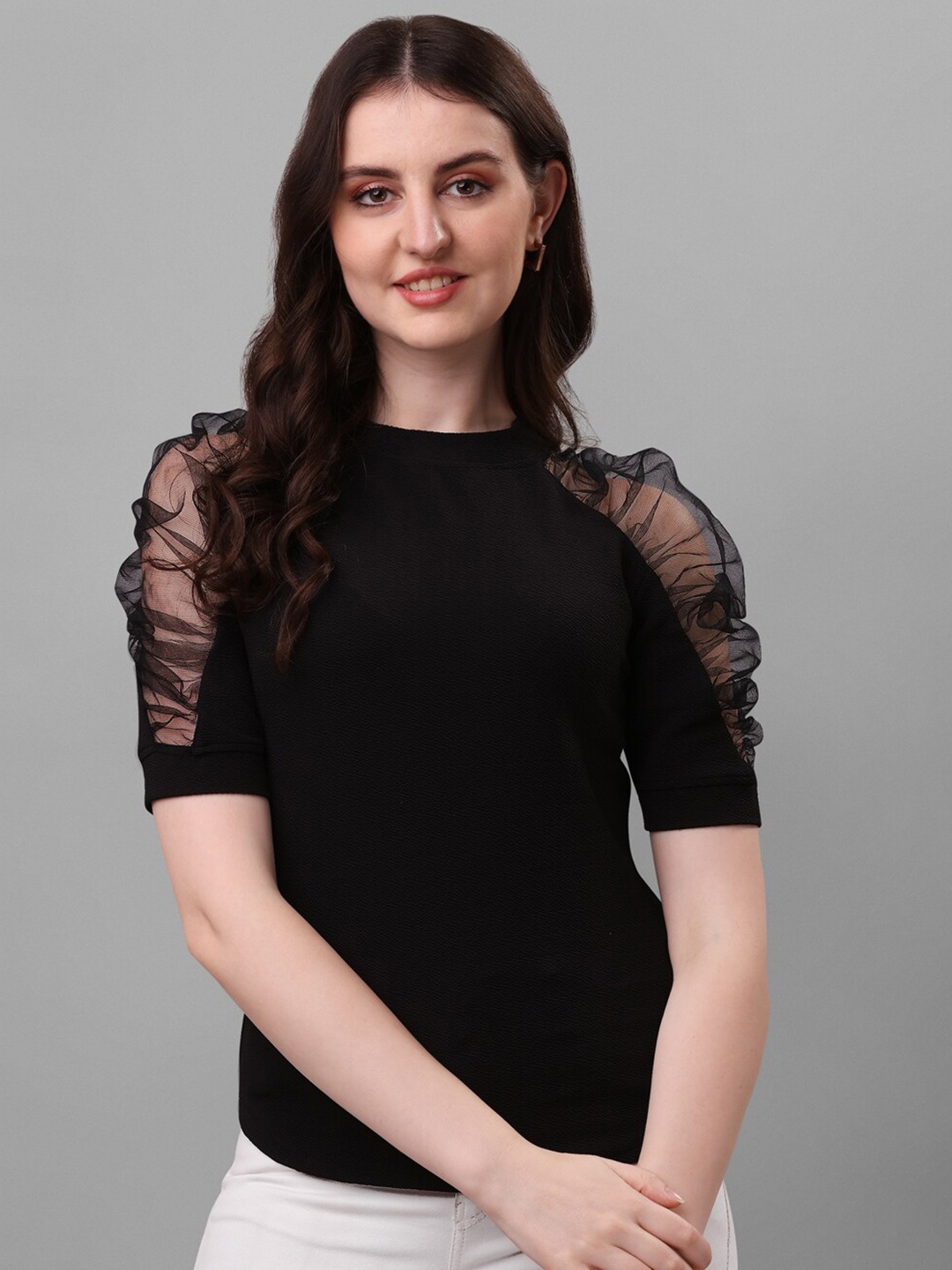 

Honky Tonky Round Neck Puff Sleeve Top, Black