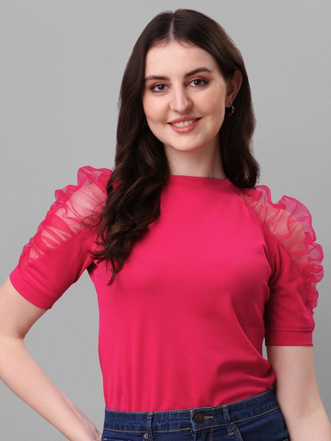 

Honky Tonky Round Neck Puff Sleeves Top, Pink