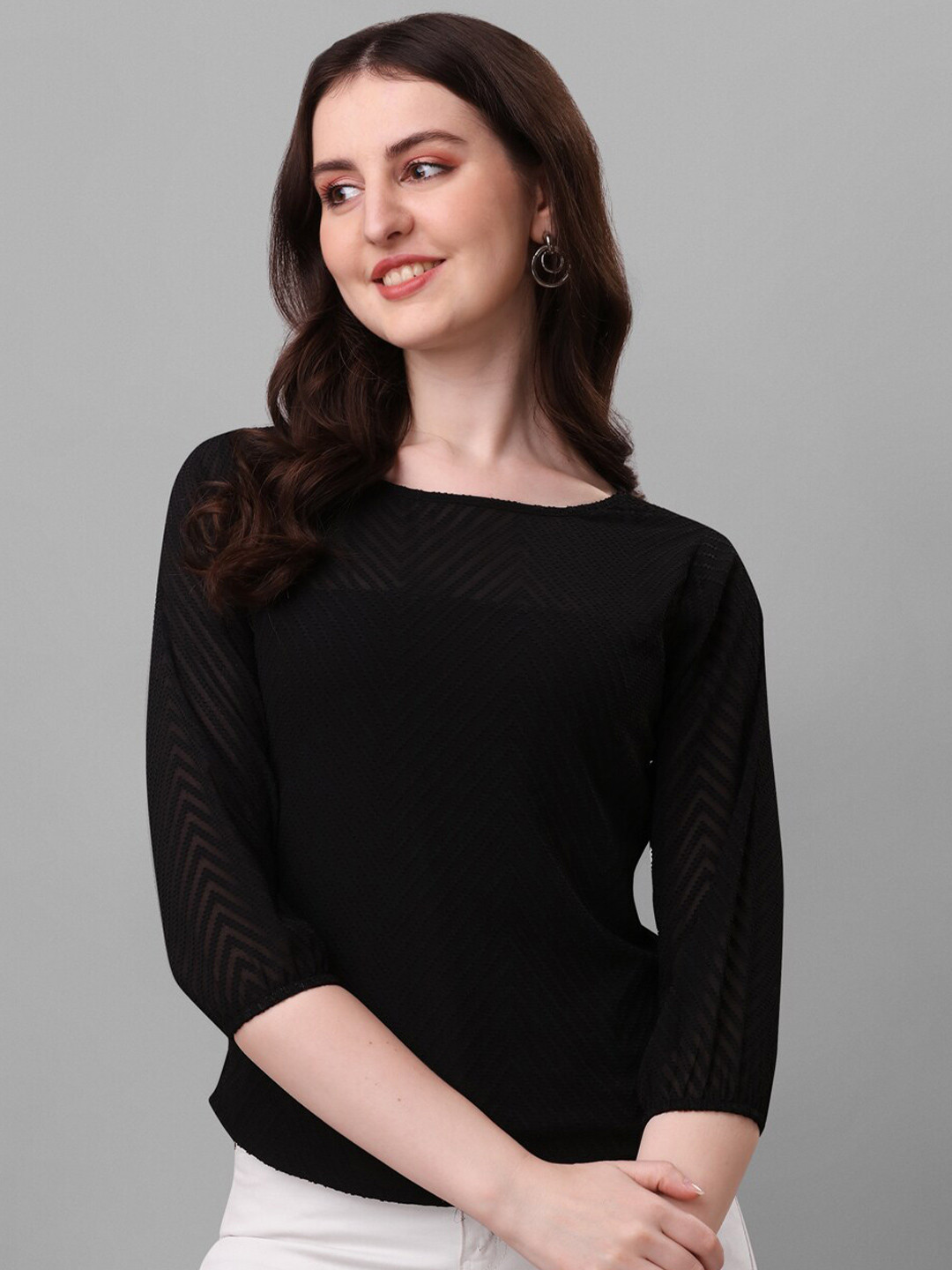 

Honky Tonky Round Neck Self Design Top, Black