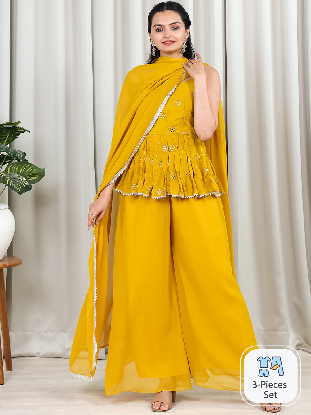 

Virah Fashion Ethnic Motifs Embroidered Thread Work Kurti With Palazzos & Dupatta, Mustard