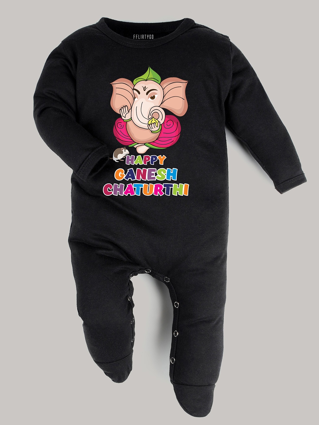 

FFLIRTYGO Infants Ganesh Chaturthi Printed Pure Cotton Sleepsuit, Black