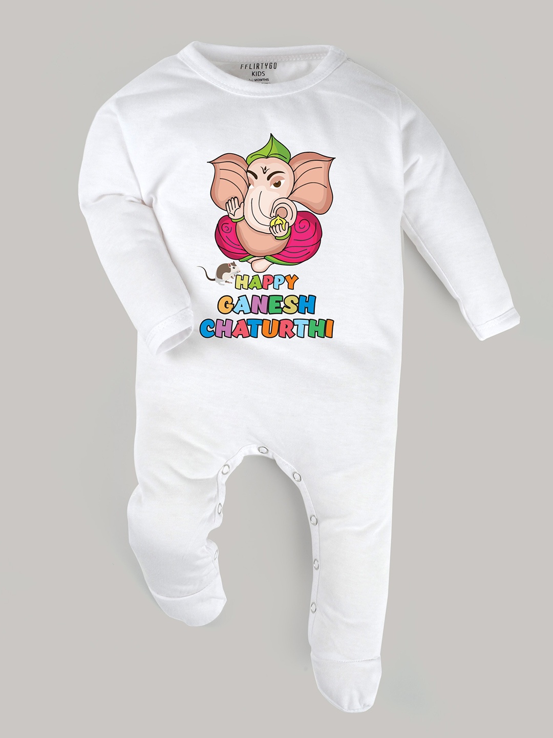 

FFLIRTYGO Infants Ganesha Printed Cotton Sleepsuit, White