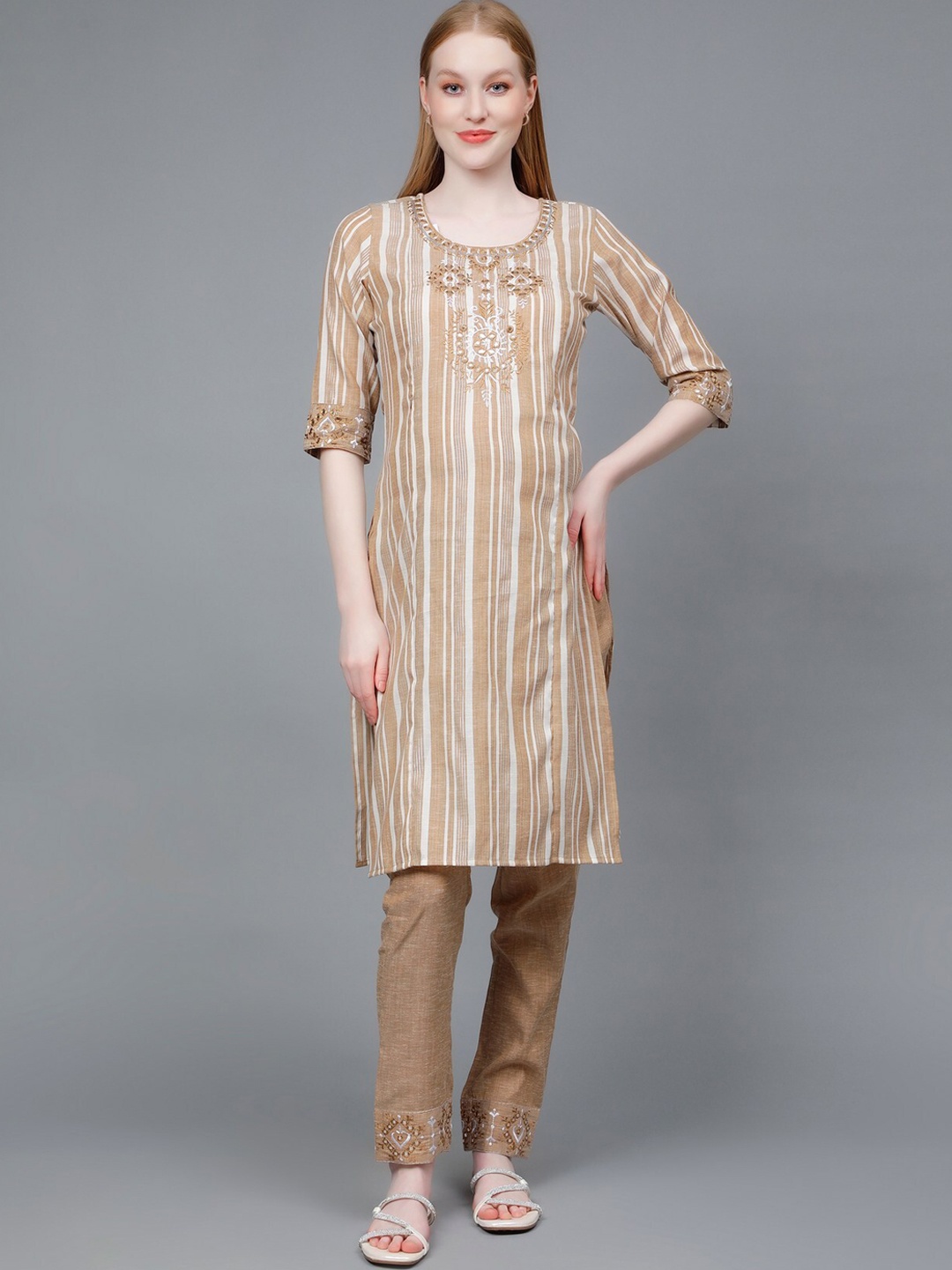 

DUMMY SHAPE Striped Regular Mirror Work Maternity Kurta With Trousers, Brown
