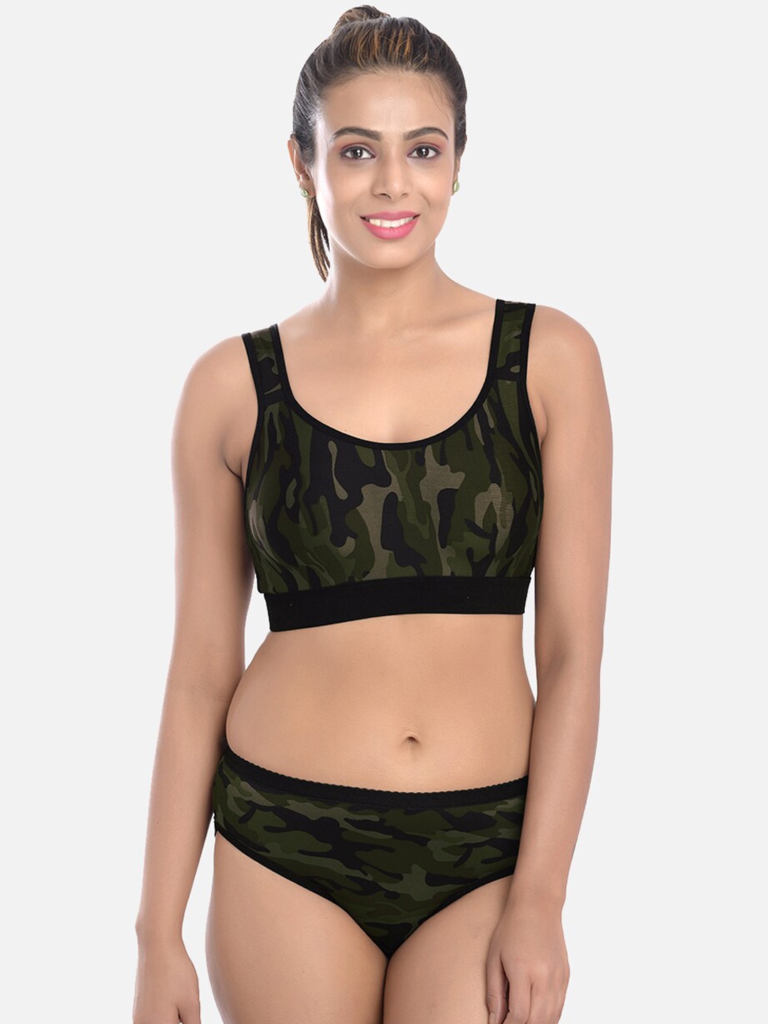 

FIMS Camouflage Printed Sports Bra With Brief Lingerie Set MTR_Anjali_Set_Green_B