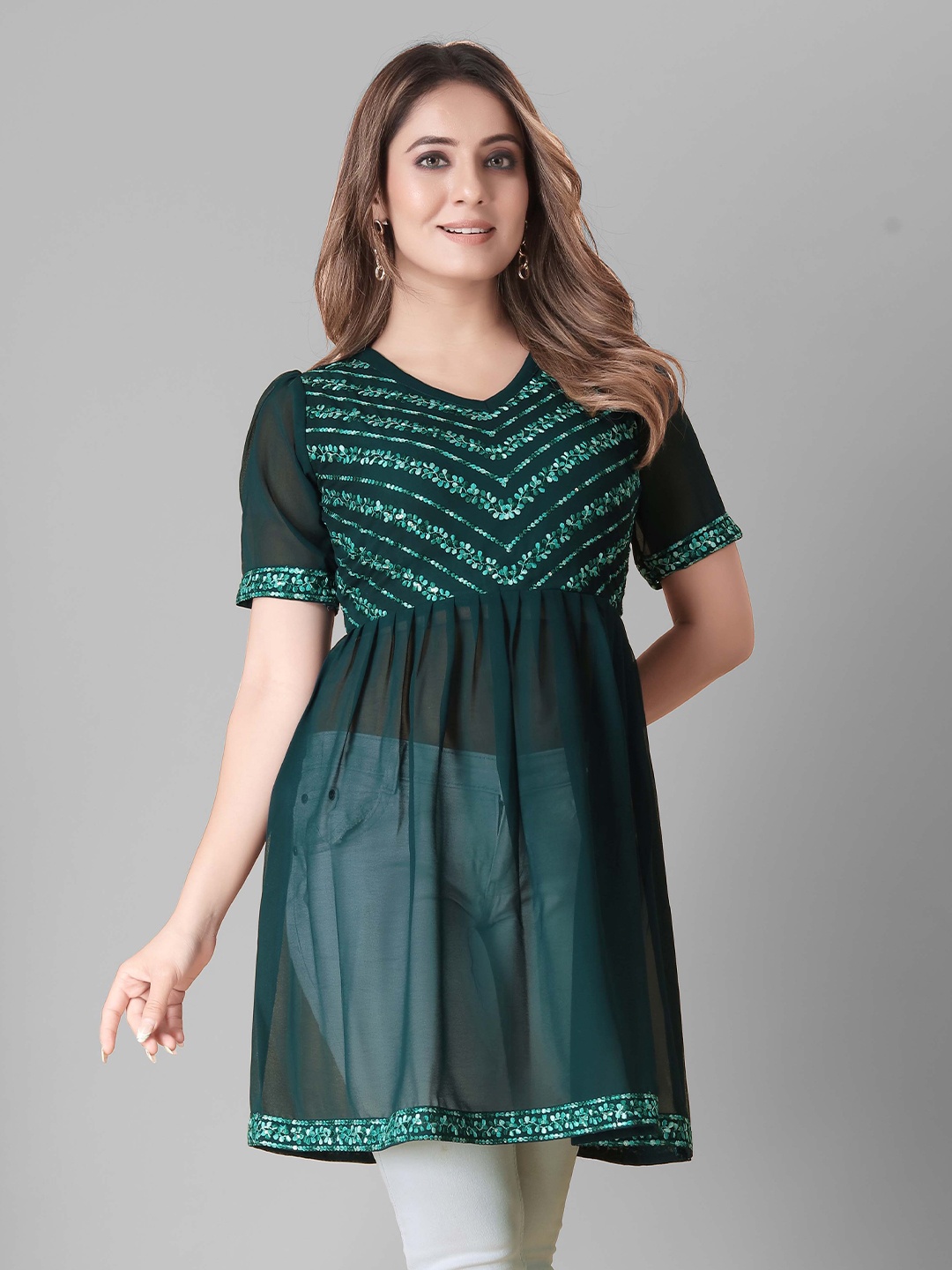 

PRASTHAN Floral Embroidered V-Neck Tunic, Green