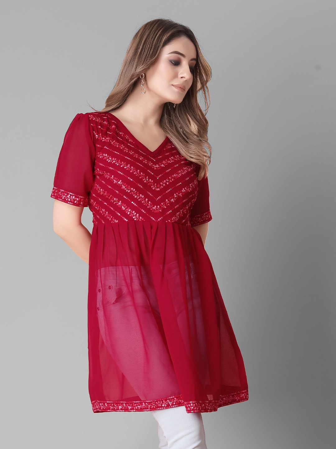 

PRASTHAN Embroidered Puff Sleeves Georgette Longline A-Line Top, Red