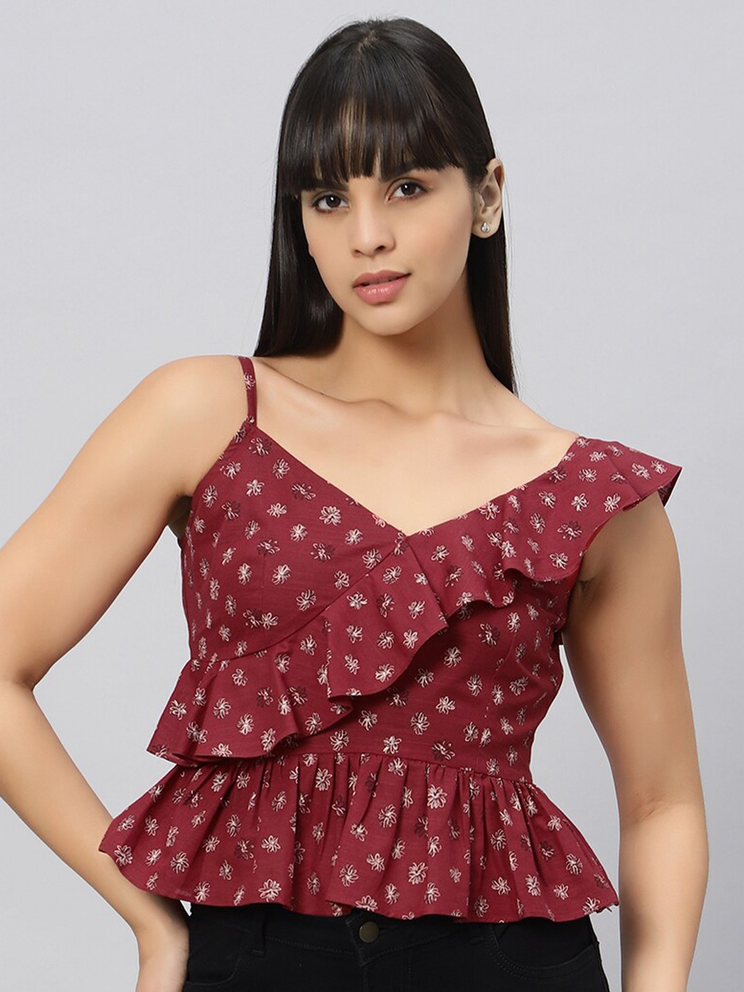 

OUI Floral Printed Ruffles Pure Cotton Peplum Top, Maroon