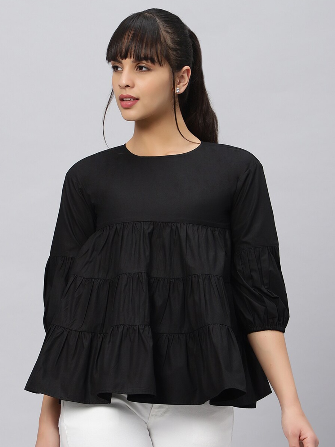 

OUI Puff Sleeves Cotton Tiered Top, Black