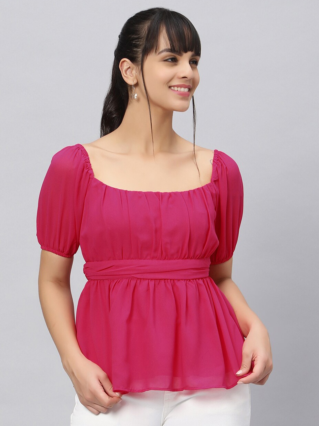 

OUI Magenta Puff Sleeve Square Neck Georgette Peplum Top