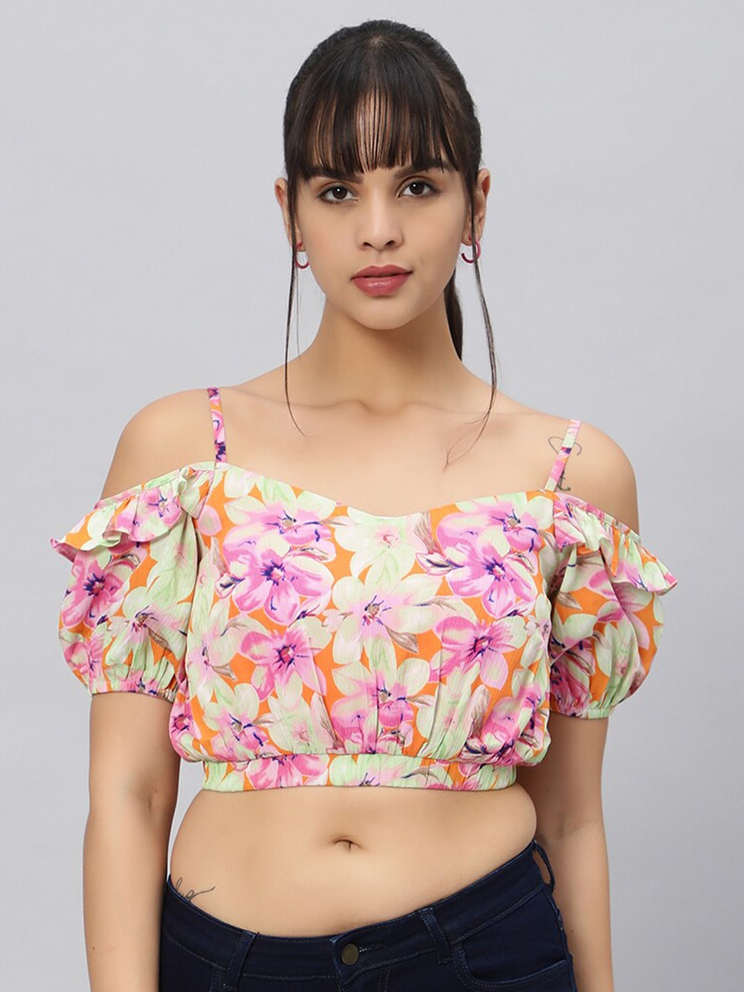 

OUI Pink Floral Print Puff Sleeve Badot Crop Top