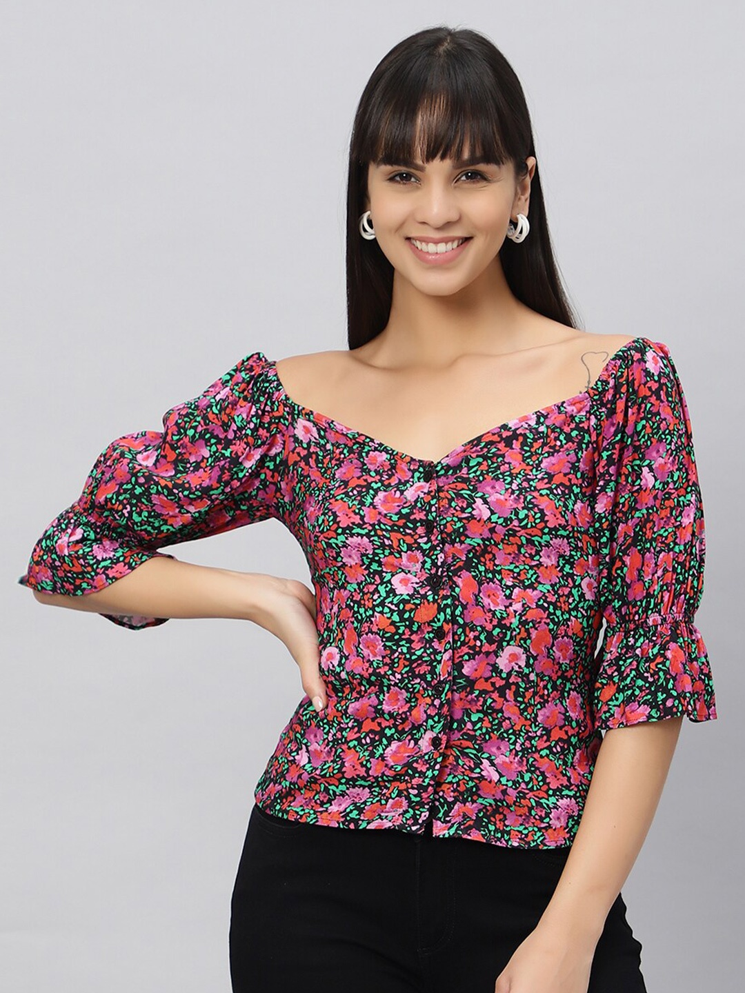 

OUI Floral Printed V-Neck Bell Sleeve Top, Black