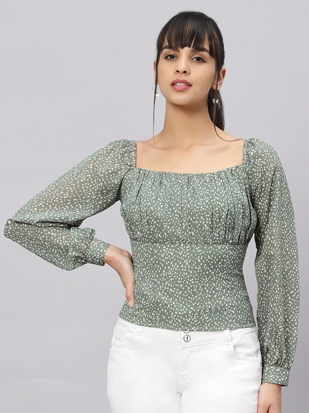 

OUI Abstract Printed Square Neck Puff Sleeves Top, Green