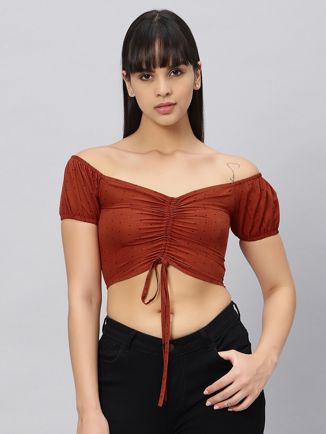 

OUI Off-Shoulder Puff Sleeve Ruched Bardot Crop Top, Rust