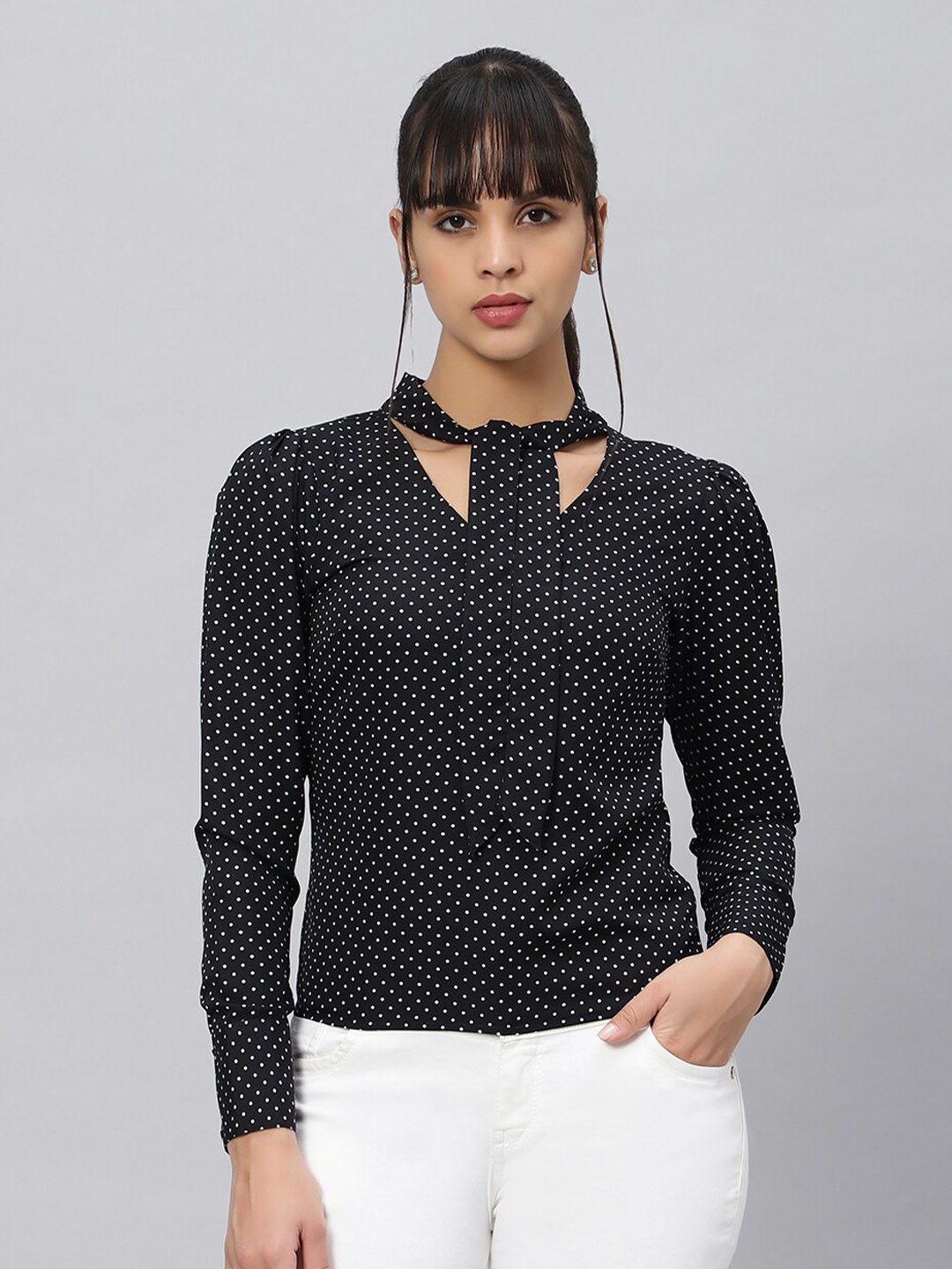 

OUI Polka Dot Print Choker Neck Puff Sleeves Top, Black