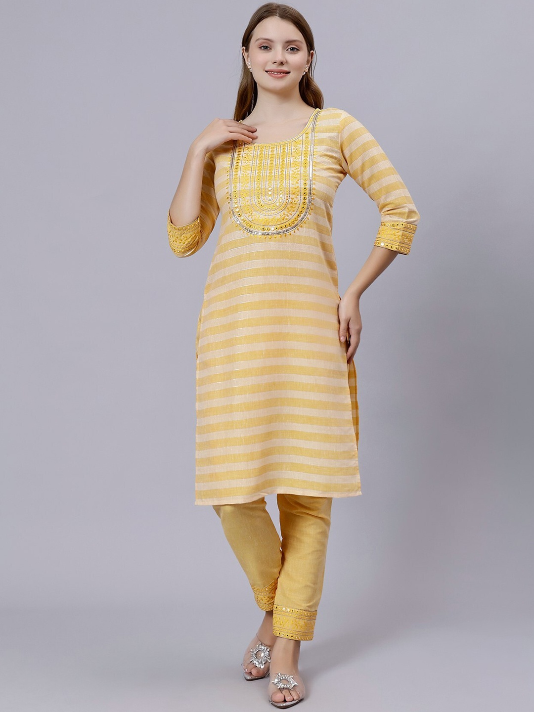 

True Shape Striped Mirror Work Kurta With Trousers, Yellow