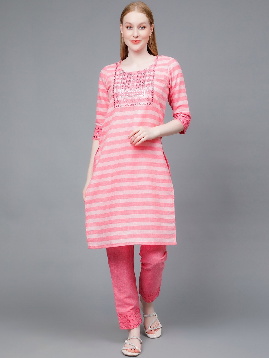 

True Shape Striped Mirror Work Kurta With Trousers, Pink