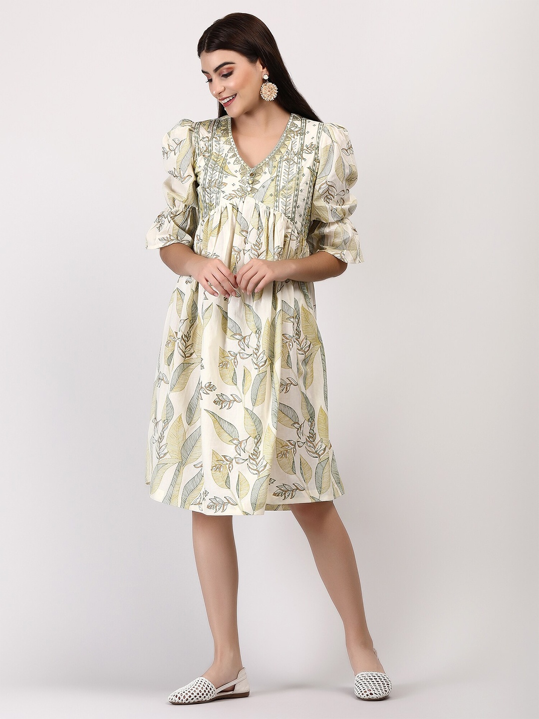 

ADAA JAIPUR Floral Print Cotton Empire Dress, Green