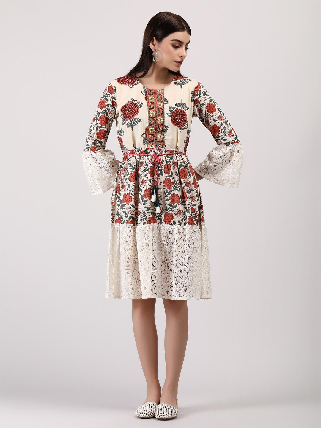 

ADAA JAIPUR Floral Print Bell Sleeve A-Line Dress, Red