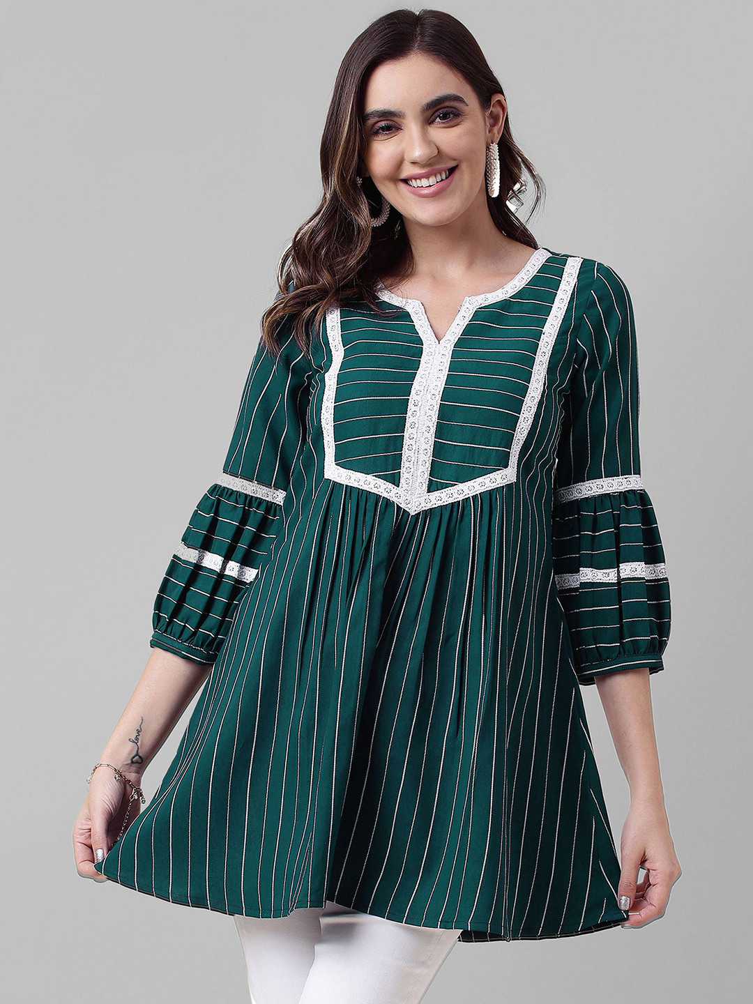 

Selvia Striped Puffed Sleeves Lace Up A-Line Top, Teal