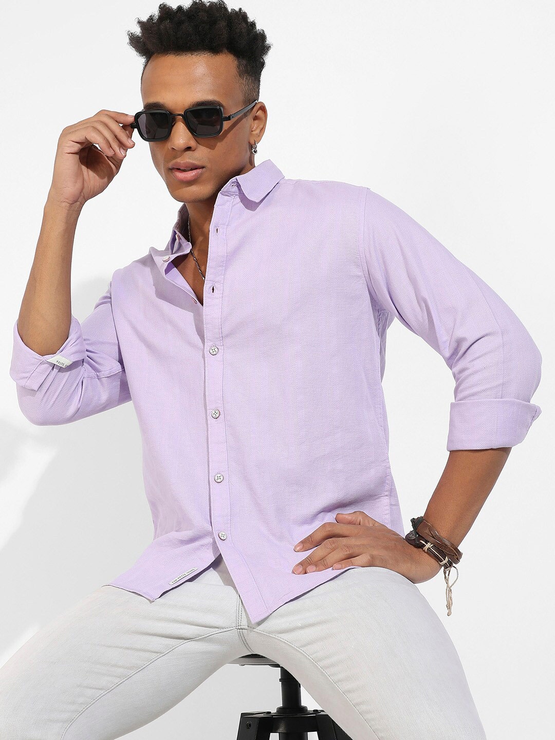 

Campus Sutra Classic Vertical Self Design Stripes Cotton Casual Shirt, Lavender