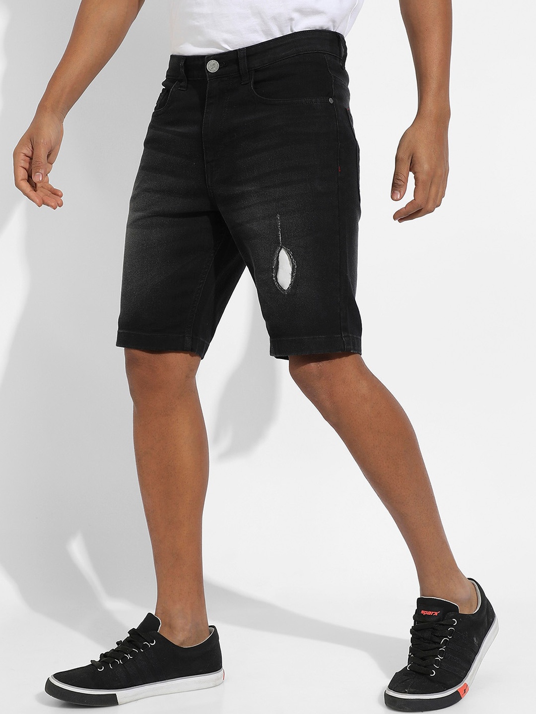 

Campus Sutra Mid-Rise Cotton Distressed Denim Shorts, Black