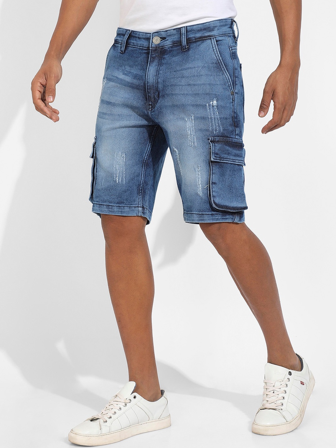Campus Sutra Men Washed Regular Fit Mid Rise Outdoor Cotton Shorts, Blue