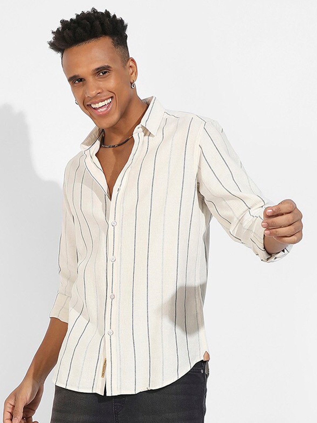 

Campus Sutra Classic Striped Spread Collar Cotton Casual Shirt, Beige