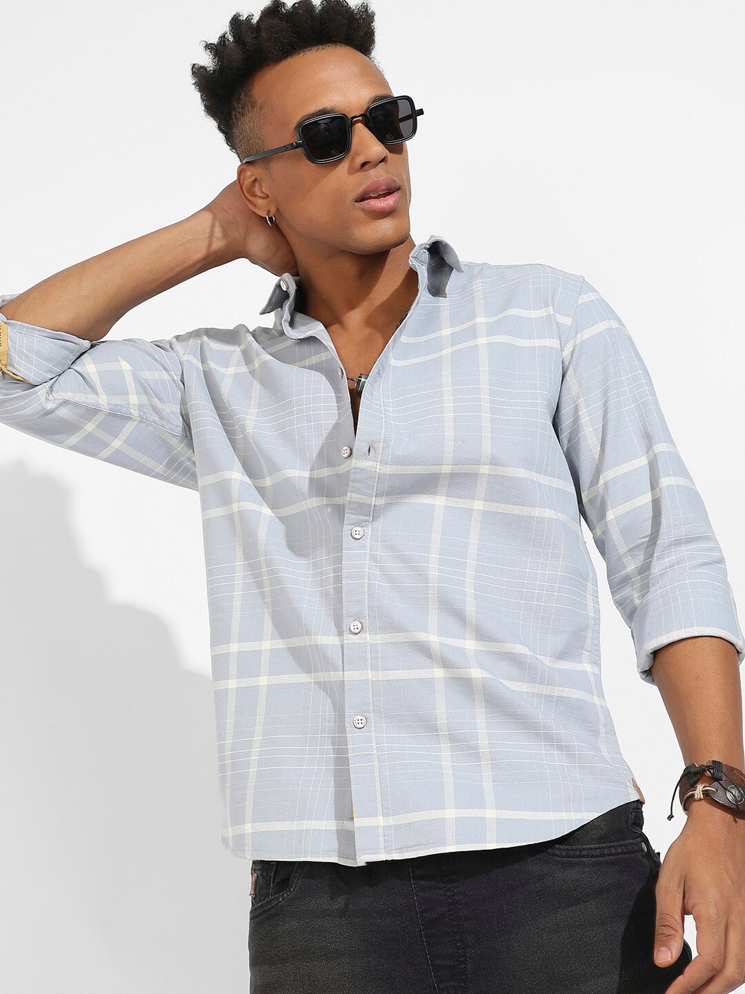 

Campus Sutra Classic Windowpane Checks Cotton Casual Shirt, Grey