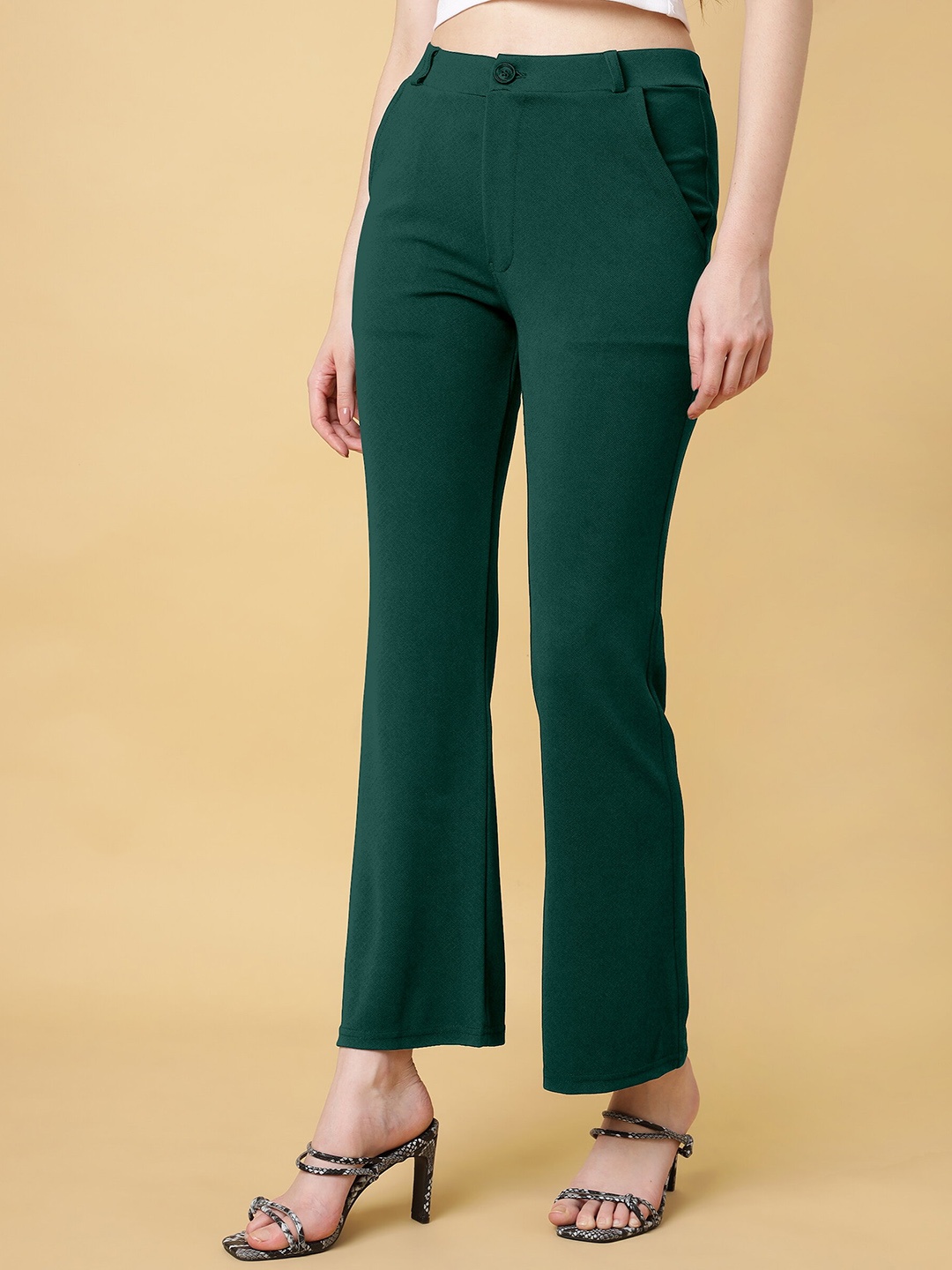 

FITHUB Women High-Rise Cotton Bootcut Trousers, Green