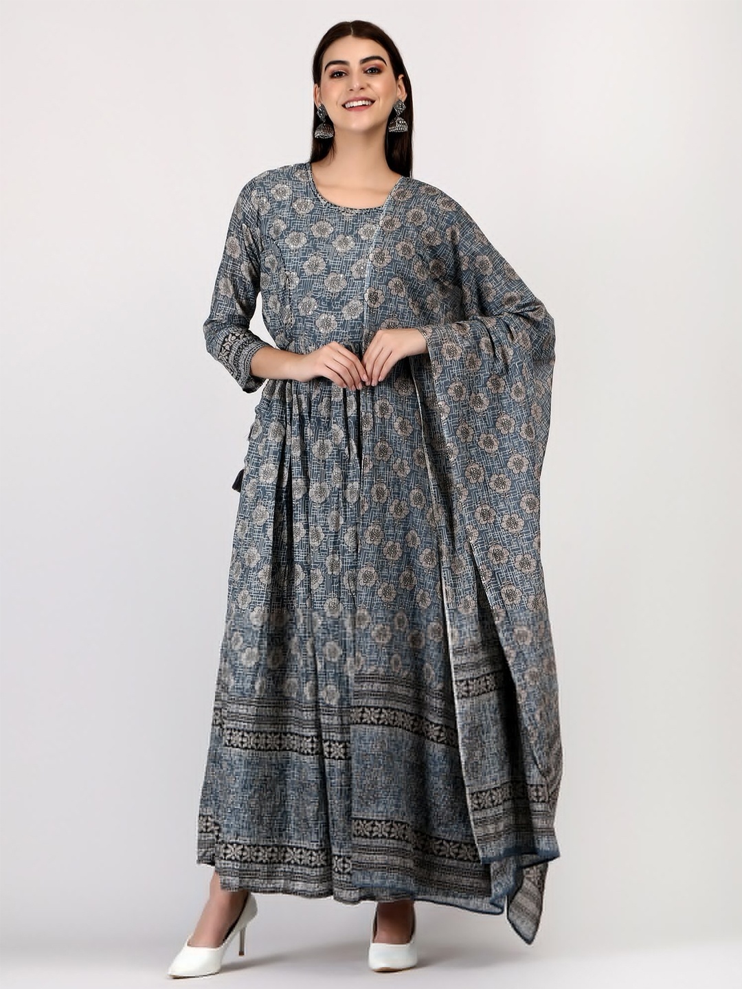 

ADAA JAIPUR Floral Printed Cotton A-Line Dress With Dupatta, Blue