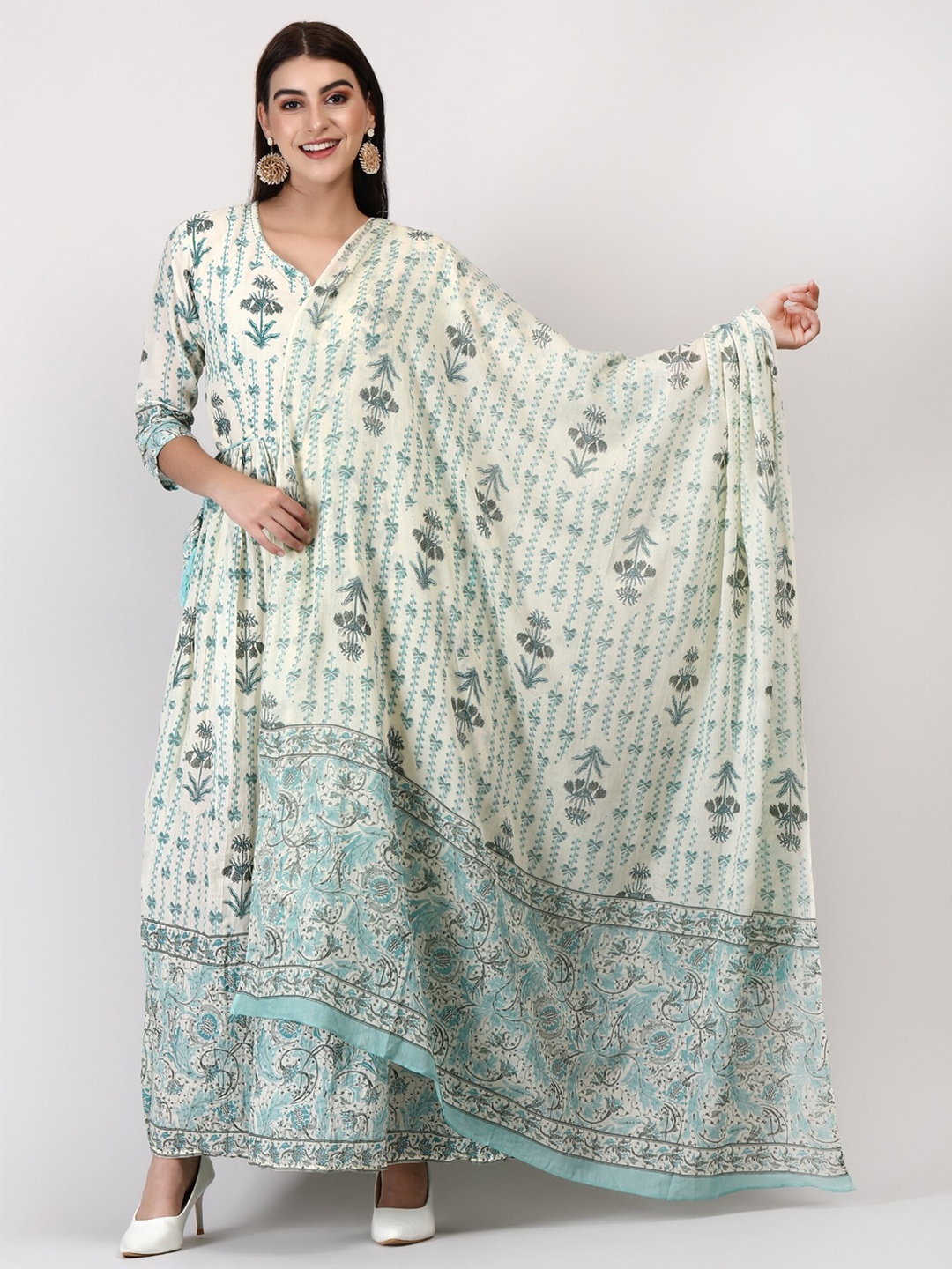 

ADAA JAIPUR Floral Printed V-Neck Ethnic Dress With Dupatta, Green