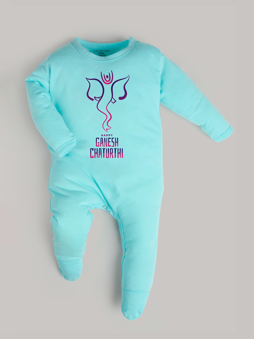 

FFLIRTYGO Infants Ganesh Chaturthi Printed Cotton Sleepsuit, Turquoise blue