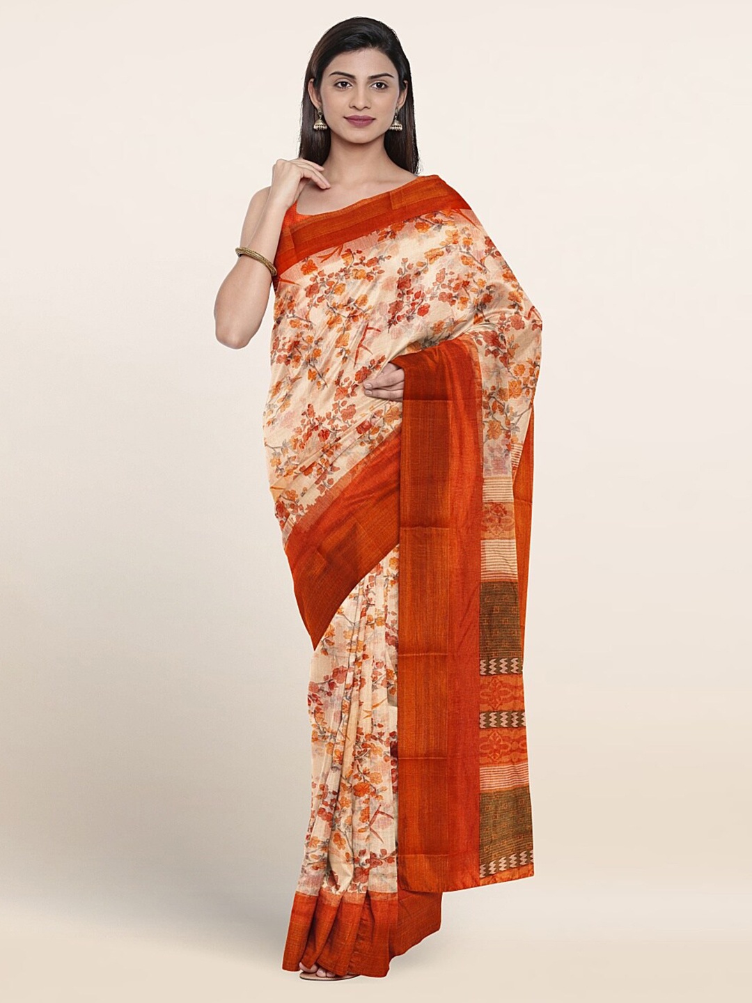 

Pothys Floral Printed Zari Saree, Beige