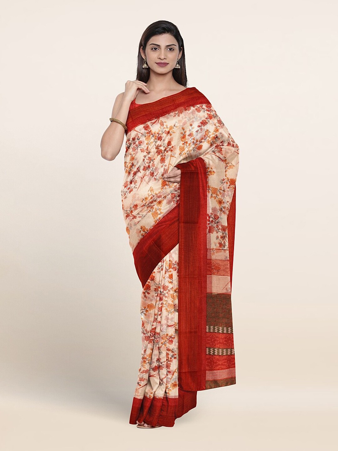 

Pothys Floral Printed Zari Saree, Cream