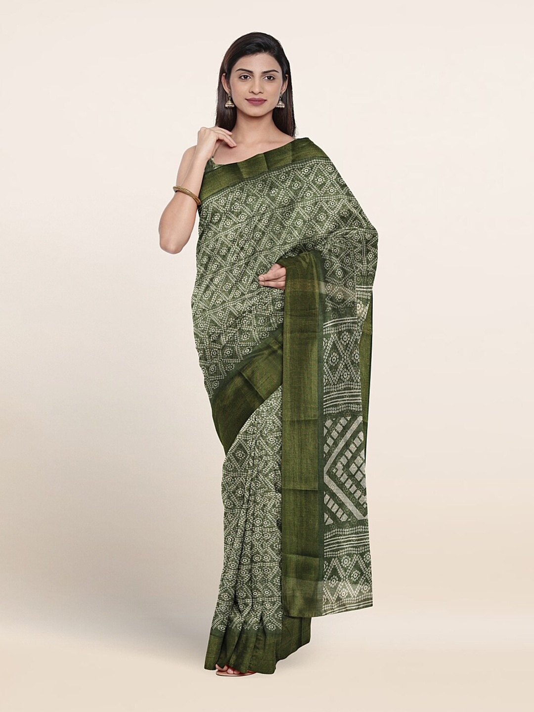 

Pothys Geometric Printed Zari Saree, Green