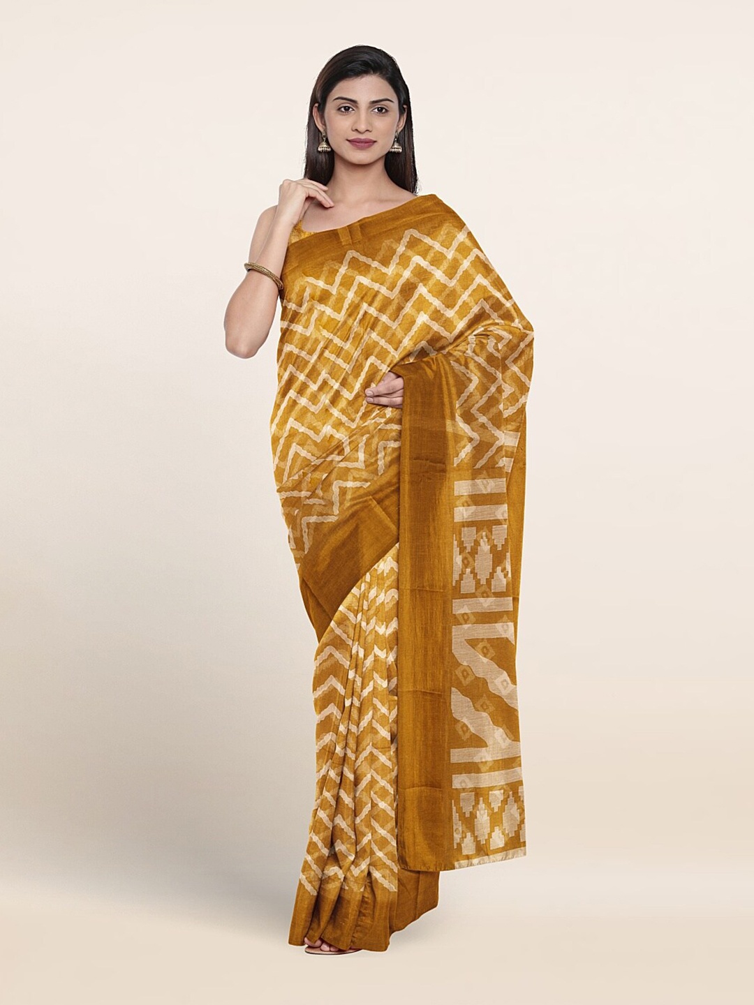 

Pothys Geometric Printed Zari Saree, Mustard