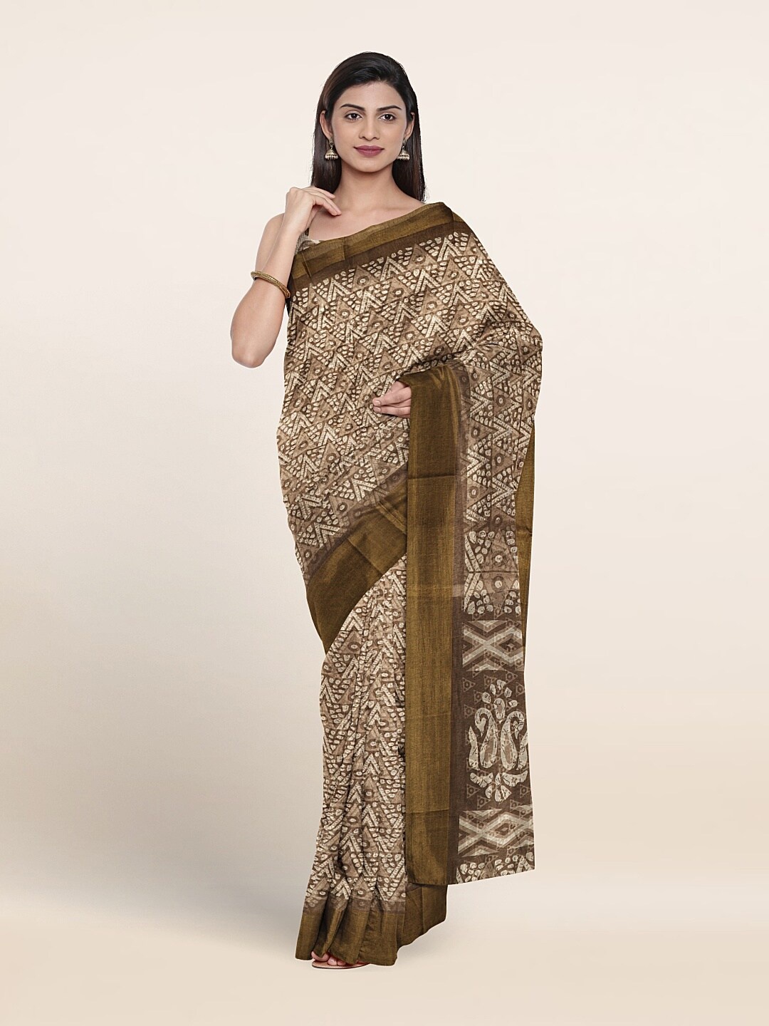 

Pothys Geometric Printed Zari Saree, Tan