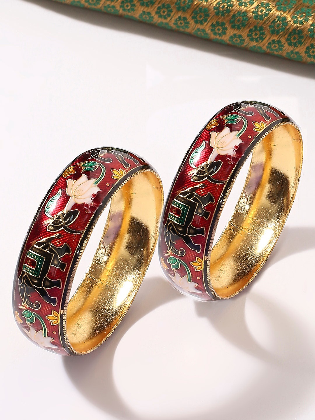 

OOMPH Set Of 2 Meenakari Designed Elephant Bangles, Gold