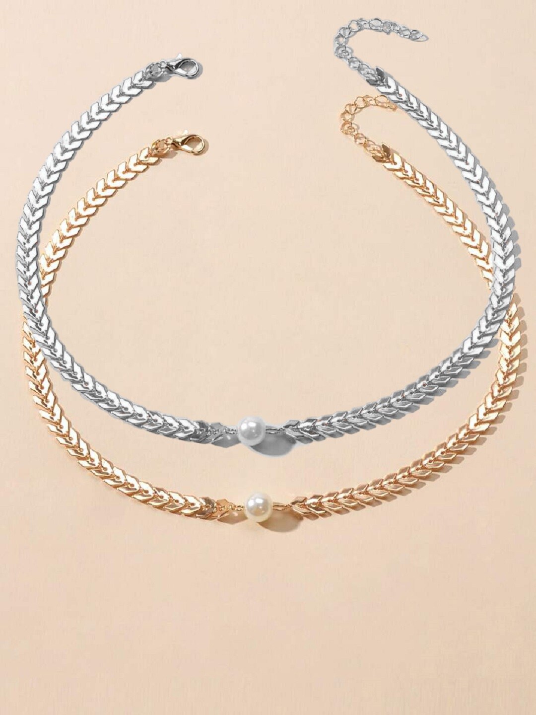 

OOMPH Set Of 2 Beaded Choker Necklace, Silver