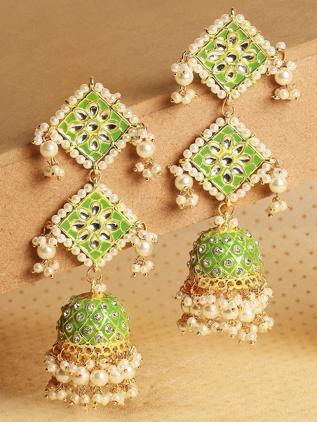 

OOMPH Meenakari & Kundan Ethnic Long Jhumka Earrings, Green