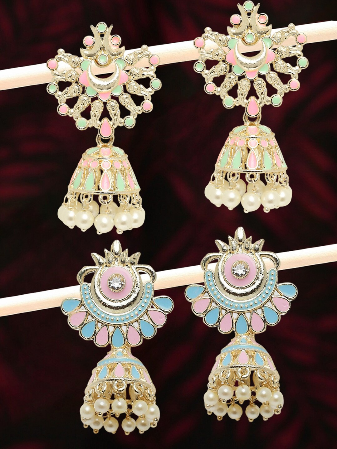 

OOMPH Set of 2 Beaded Meenakari Dome Shaped Jhumkas, Gold