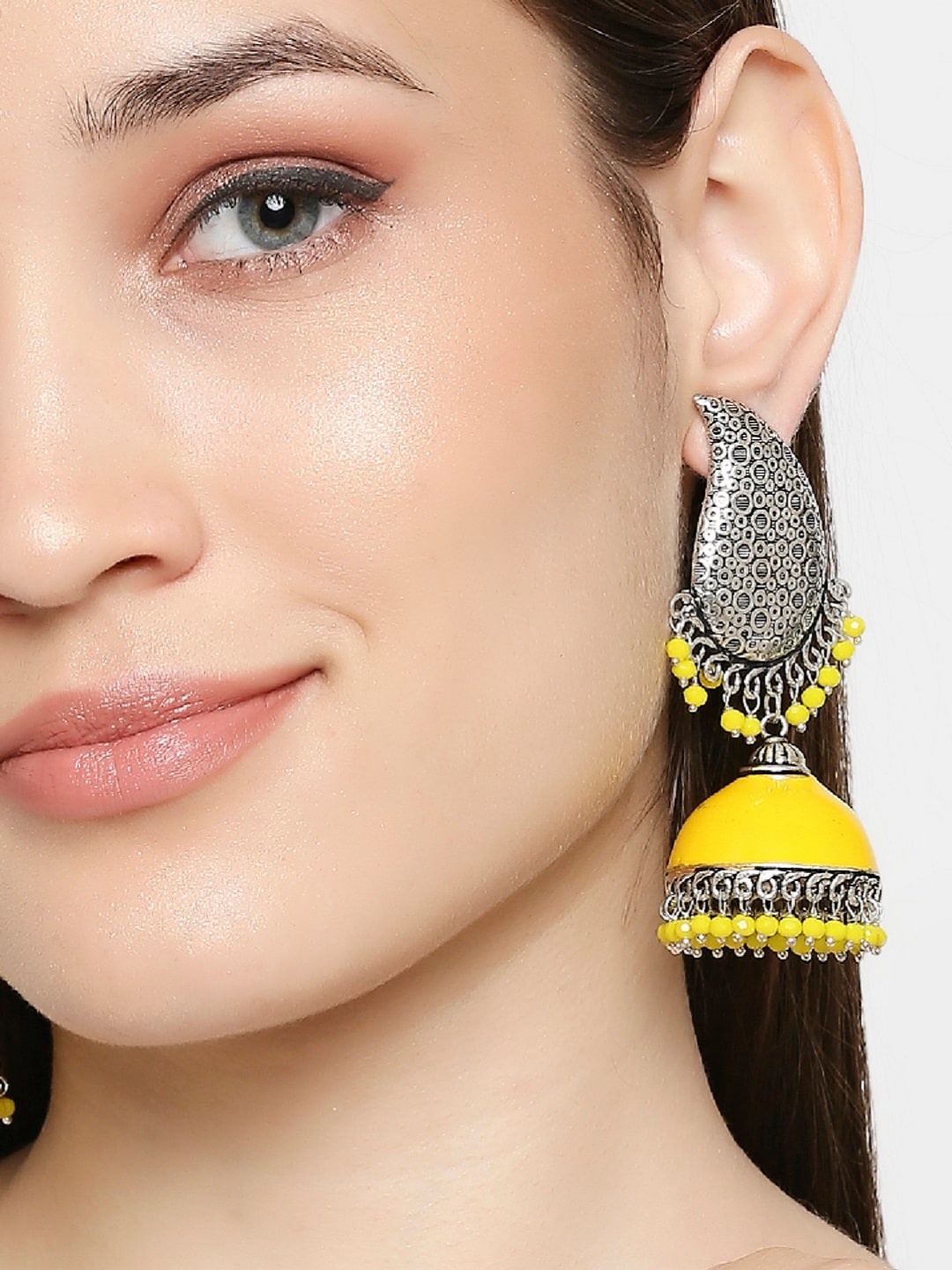 

OOMPH Oxidised Beaded Dome Shaped Jhumkas, Silver