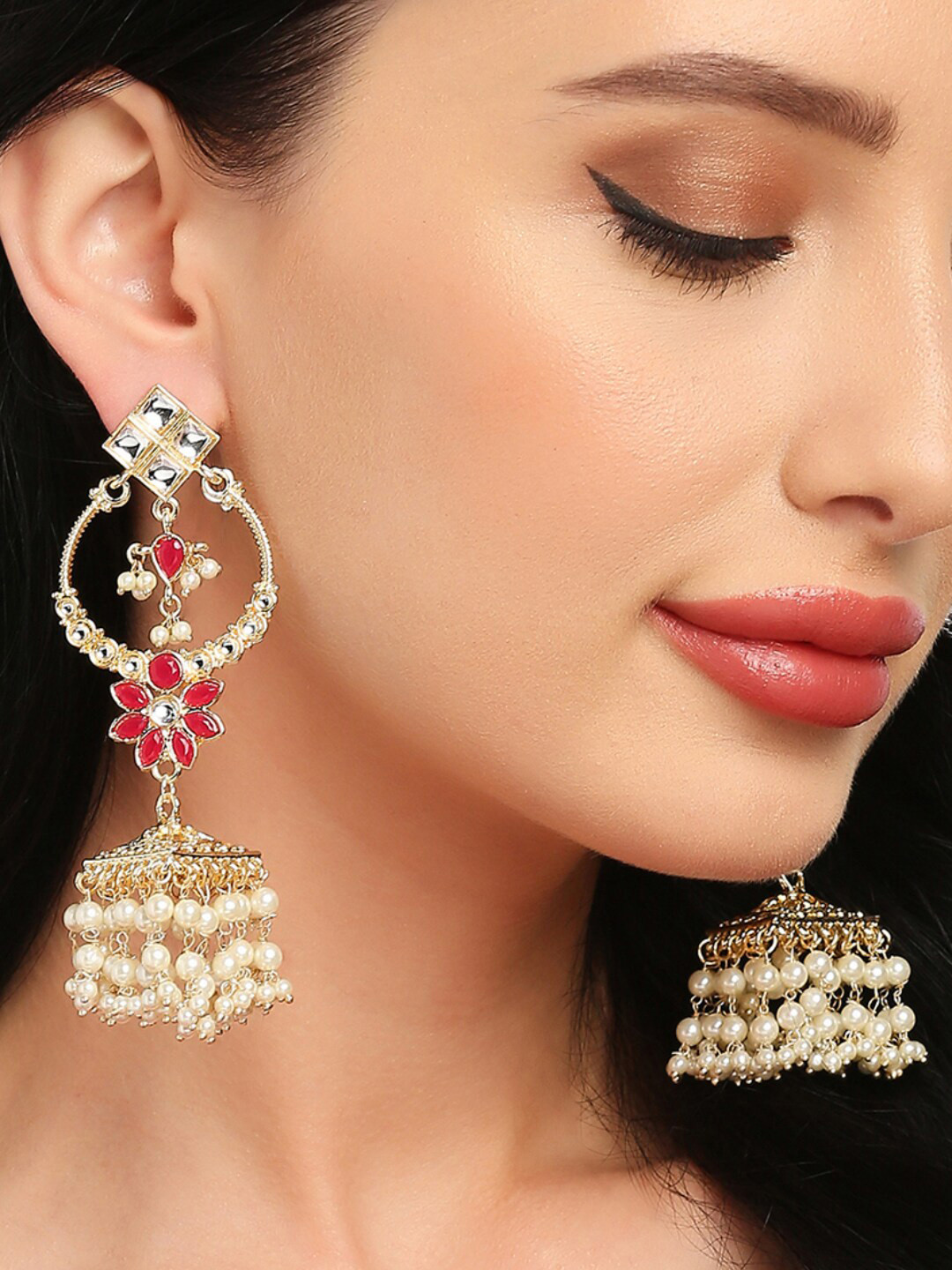 

OOMPH Kundan Studded & Beads Dome Shaped Jhumkas, Gold